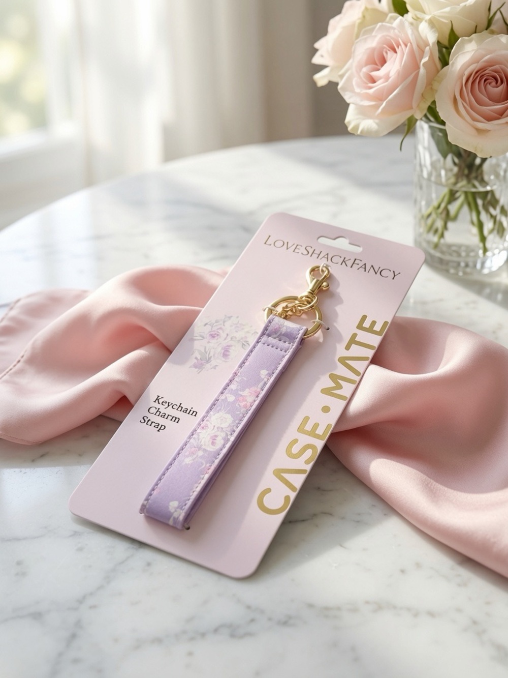 LoveShackFancy Lavender Floral Keychain Strap with Gold Hardware